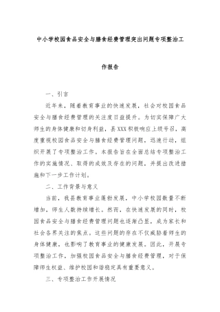 中小学校园食品安全与膳食经费管理突出问题专项整治工作报告