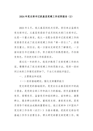 2024年党支部书记抓基层党建工作述职报告（2）