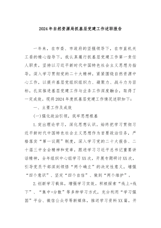 2024年自然资源局抓基层党建工作述职报告