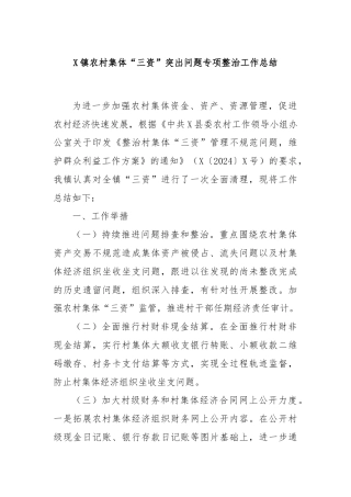 X镇农村集体“三资”突出问题专项整治工作总结