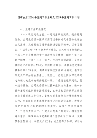 国有企业2024年党建工作总结及2025年党建工作计划
