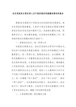 社区党组织主要负责人关于组织落实巡察整改情况的报告