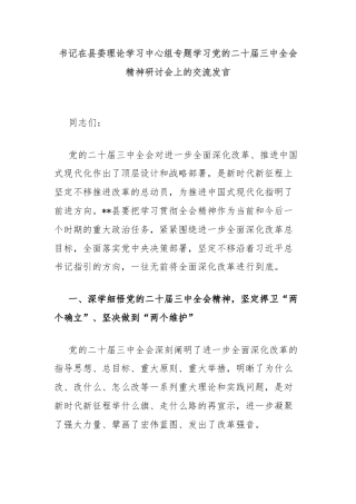 书记在县委理论学习中心组专题学习党的二十届三中全会精神研讨会上的交流发言