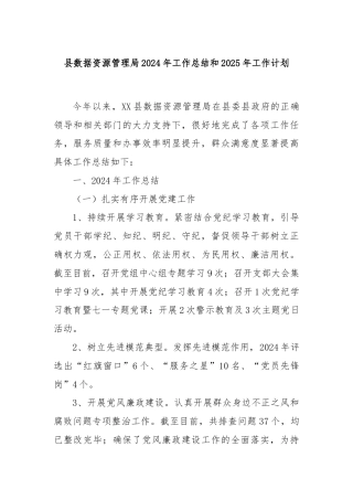 县数据资源管理局2024年工作总结和2025年工作计划
