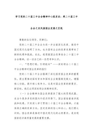 学习党的二十届三中全会精神中心组发言：乘二十届三中全会之东风扬国企发展之巨帆
