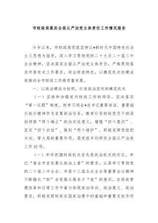 市财政局落实全面从严治党主体责任工作情况报告