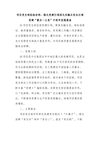 项目党支部经验材料：强化党建引领深化双融互促在打通党建“最后一公里”中筑牢坚强堡垒