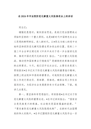 在2024年市法院防范化解重大风险推进会上的讲话