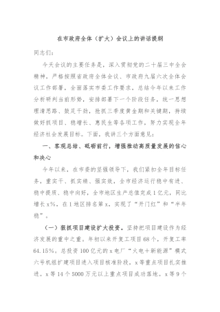 在市政府全体（扩大）会议上的讲话提纲