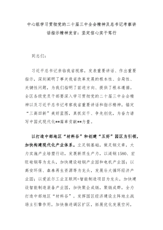 中心组学习贯彻党的二十届三中全会精神及总书记考察讲话指示精神发言：坚定信心实干笃行