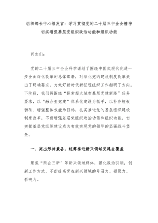 组织部长中心组发言：学习贯彻党的二十届三中全会精神切实增强基层党组织政治功能和组织功能