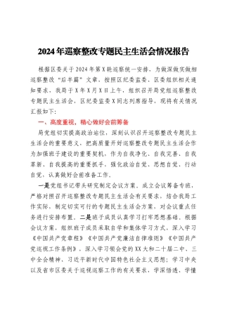 2024年巡察整改专题民主生活会情况报告