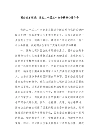 国企改革领域：党的二十届三中全会精神心得体会