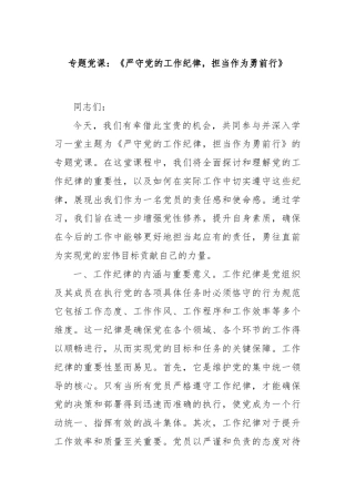 专题党课：《严守党的工作纪律，担当作为勇前行》