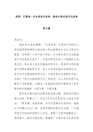 党课：汇聚进一步全面深化改革、推进中国式现代化的青春力量
