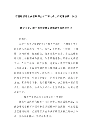 市委组织部长在组织部全体干部大会上的党课讲稿：弘扬敢于斗争、敢于胜利精神奋力推进中国式现代化