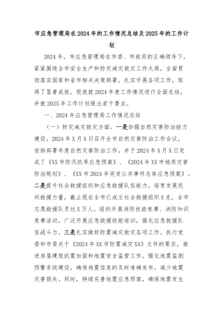 市应急管理局在2024年的工作情况总结及2025年的工作计划