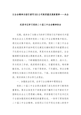 以全会精神为指引谱写XXX公司高质量发展新篇章——央企纪委书记学习党的二十届三中全会精神体会