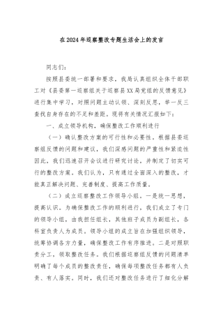 在2024年巡察整改专题生活会上的发言