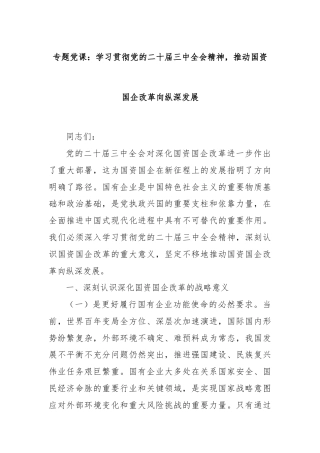 专题党课：学习贯彻党的二十届三中全会精神，推动国资国企改革向纵深发展