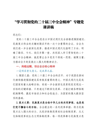 “学习贯彻党的二十届三中全会精神”专题党课讲稿
