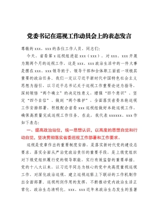 党委书记在巡视工作动员会上的表态发言