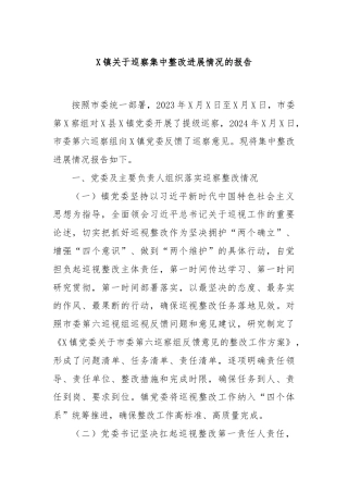 X镇关于巡察集中整改进展情况的报告