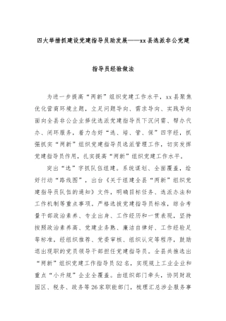 四大举措抓建设党建指导员助发展——xx县选派非公党建指导员经验做法