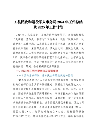 X县民政和退役军人事务局2024年工作总结及2025年工作计划