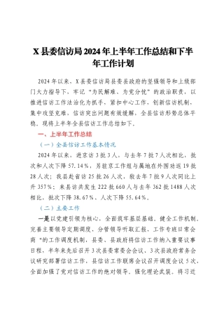 X县委信访局2024年上半年工作总结和下半年工作计划
