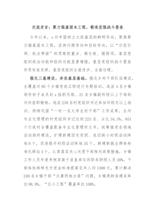 交流发言：聚力强基固本工程，锻造坚强战斗堡垒