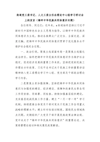 街道党工委书记、人大工委主任在理论中心组学习研讨会上的发言（铸牢中华民族共同体意识专题）