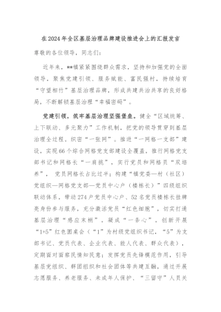 在2024年全区基层治理品牌建设推进会上的汇报发言