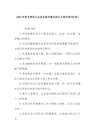 (50条)2024年党支部民主生活会批评意见的五大类示例