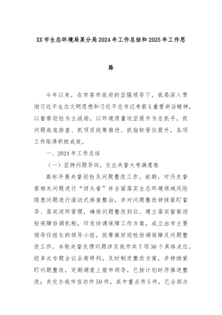 XX市生态环境局某分局2024年工作总结和2025年工作思路