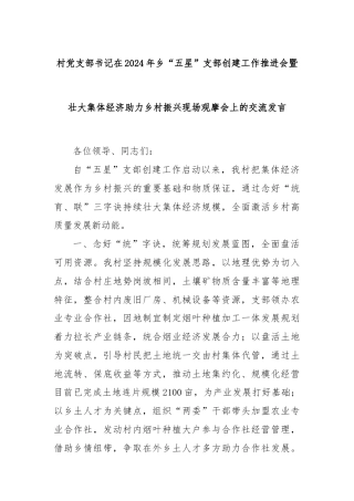 村党支部书记在2024年乡“五星”支部创建工作推进会暨壮大集体经济助力乡村振兴现场观摩会上的交流发言