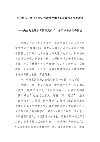 坚定信心、瞄定目标、持续发力推动XXX公司高质量发展——央企总经理学习贯彻党的二十届三中全会心得体会