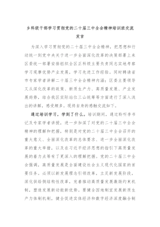 乡科级干部学习贯彻党的二十届三中全会精神培训班交流发言