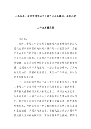 心得体会：学习贯彻党的二十届三中全会精神，推动公安工作高质量发展