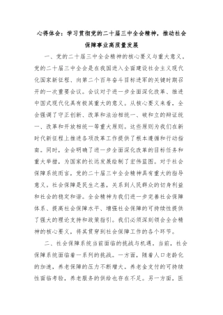心得体会：学习贯彻党的二十届三中全会精神，推动社会保障事业高质量发展