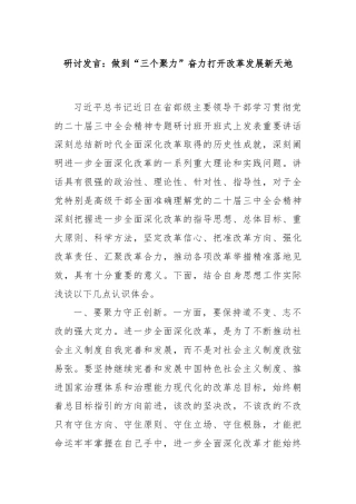 研讨发言：做到“三个聚力”奋力打开改革发展新天地