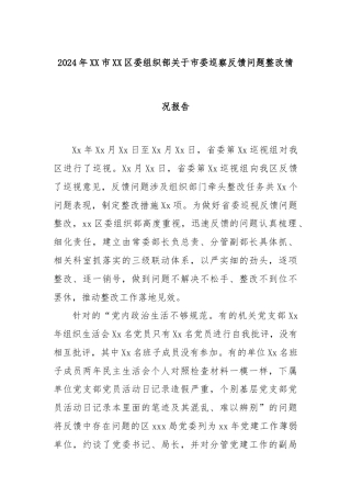 2024年XX市XX区委组织部关于市委巡察反馈问题整改情况报告