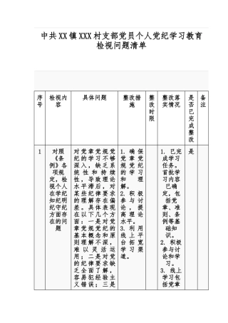 中共XX镇XXX村支部党员个人党纪学习教育检视问题清单