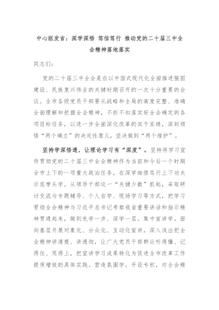中心组发言：深学深悟 笃信笃行 推动党的二十届三中全会精神落地落实
