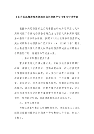 X县大纵深推进殡葬领域突出问题集中专项整治行动方案