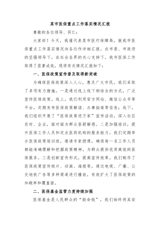 某市医保重点工作落实情况汇报