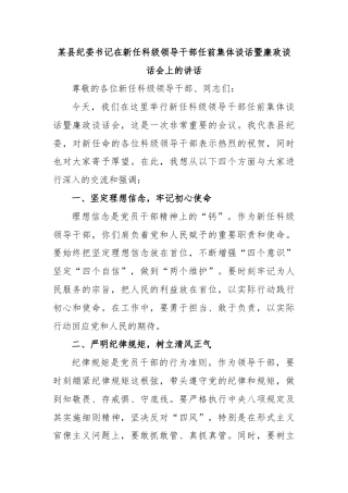 某县纪委书记在新任科级领导干部任前集体谈话暨廉政谈话会上的讲话