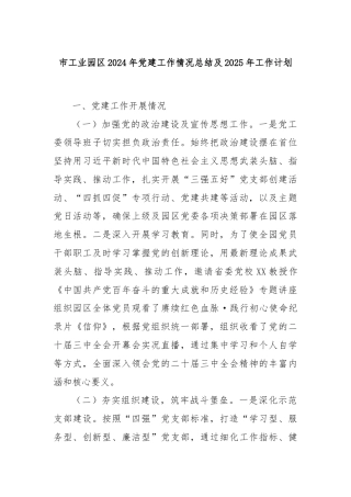 市工业园区2024年党建工作情况总结及2025年工作计划