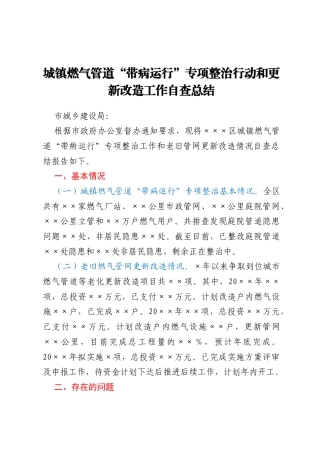 城镇燃气管道“带病运行”专项整治行动和更新改造工作自查总结