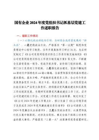 国有企业2024年度党组织书记抓基层党建工作述职报告